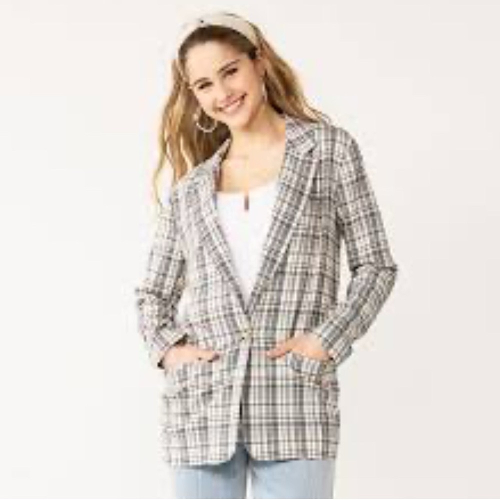 SO Over-Sized Plaid Blazer Black White Pink Tan One Button Closure Size XS